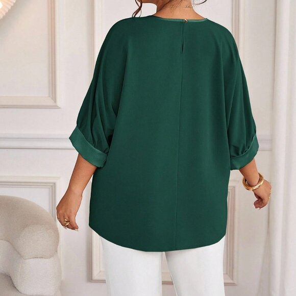 Dark Green Casual Women's Plus Size Metallic Raglan Patchwork Pullover Shirt - Picture 2 of 7